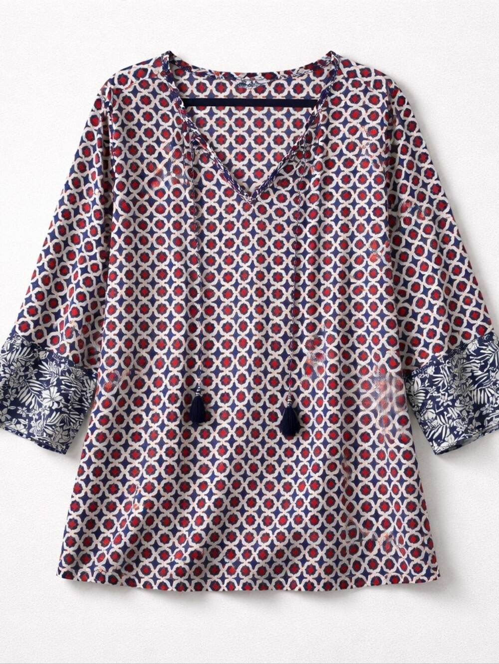 Tommy Bahama Navy and Red Geometric V-Neck Tassel Tunic